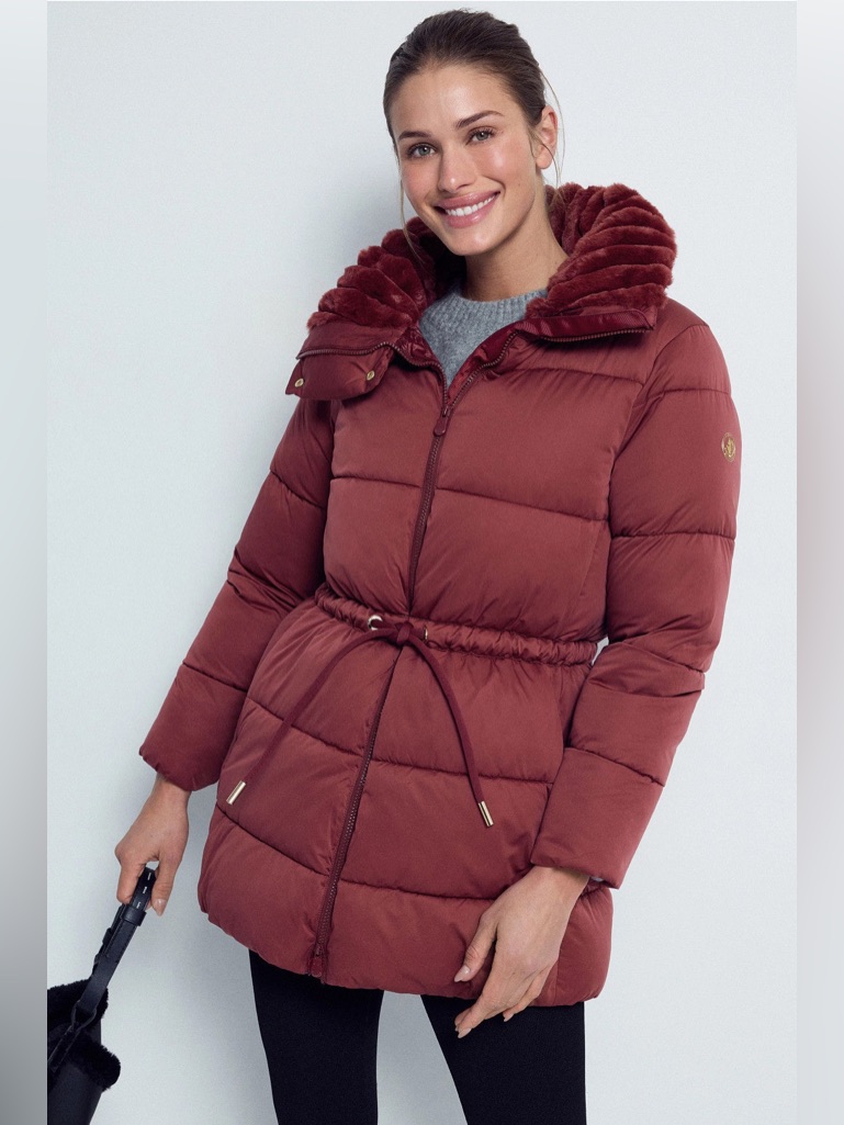 Save The Duck Rust Red Quilted Puffer Coat With Faux-Fur Collar